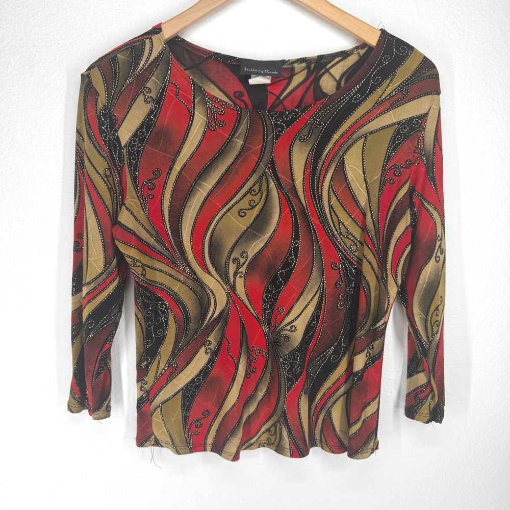 Vintage 90s Abstract Swirl Glitter Top Medium Y2K Retro Disco Rave Indie Stretch